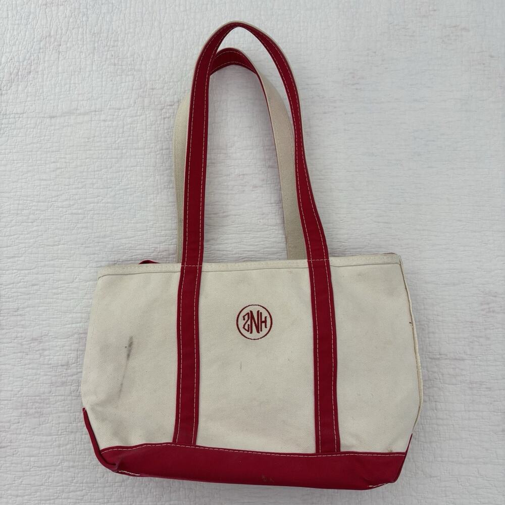 Vintage L.L. Bean Boat and Tote Zip-Top Red Trim Canvas Bag Long Handle USA